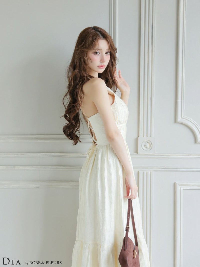 DEA. ディア バイ ローブドフルール 【S～Lサイズあり】 ホルターネックサテンティアードフレアロングキャバドレス de4615