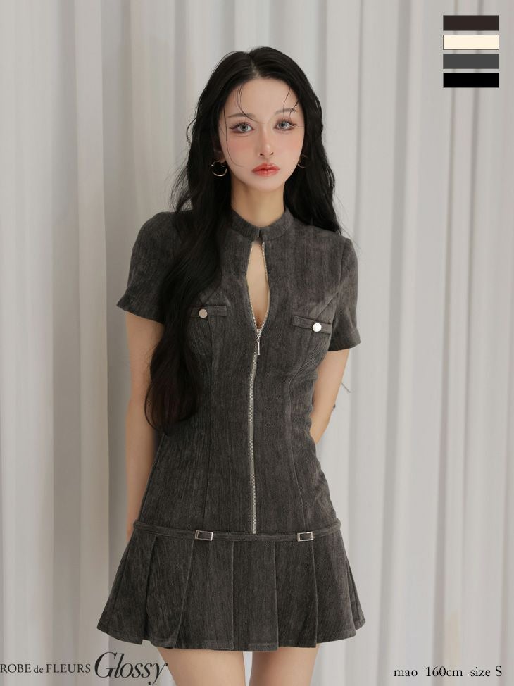 Glossy ローブドフルールグロッシー 【XSサイズあり】起毛ニットジップアップ半袖セットアップミニキャバドレス gl3964