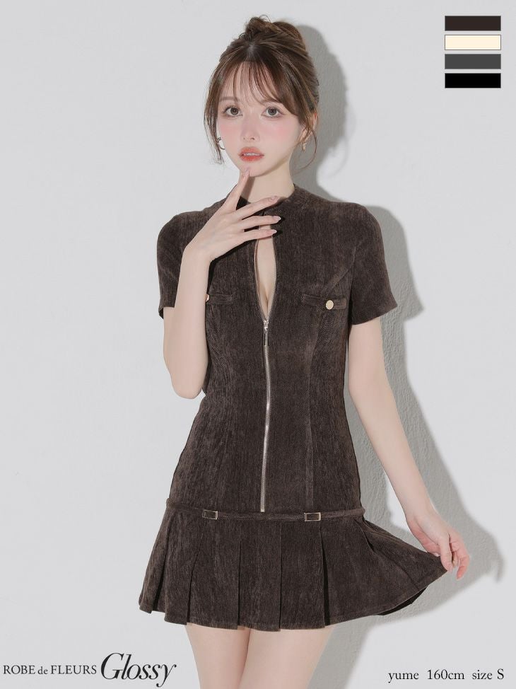 Glossy ローブドフルールグロッシー 【XSサイズあり】起毛ニットジップアップ半袖セットアップミニキャバドレス gl3964