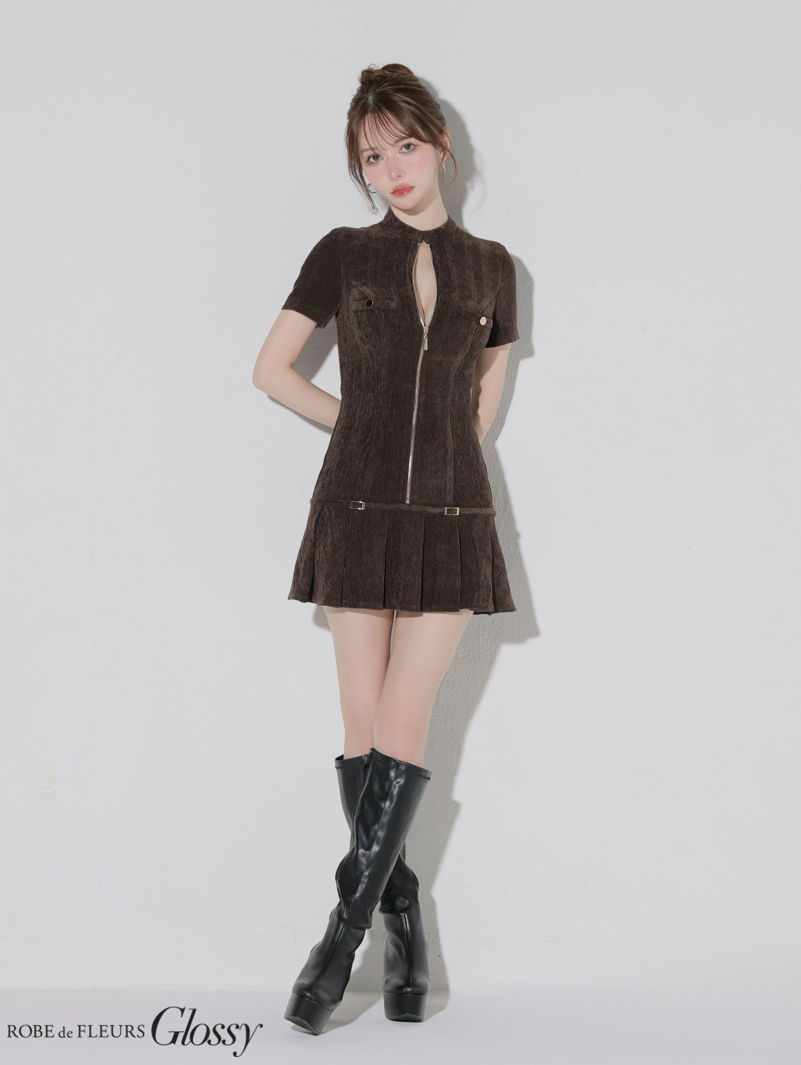 Glossy ローブドフルールグロッシー 【XSサイズあり】起毛ニットジップアップ半袖セットアップミニキャバドレス gl3964