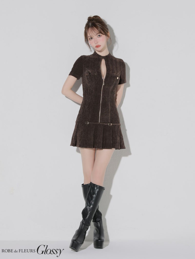 Glossy ローブドフルールグロッシー 【XSサイズあり】起毛ニットジップアップ半袖セットアップミニキャバドレス gl3964