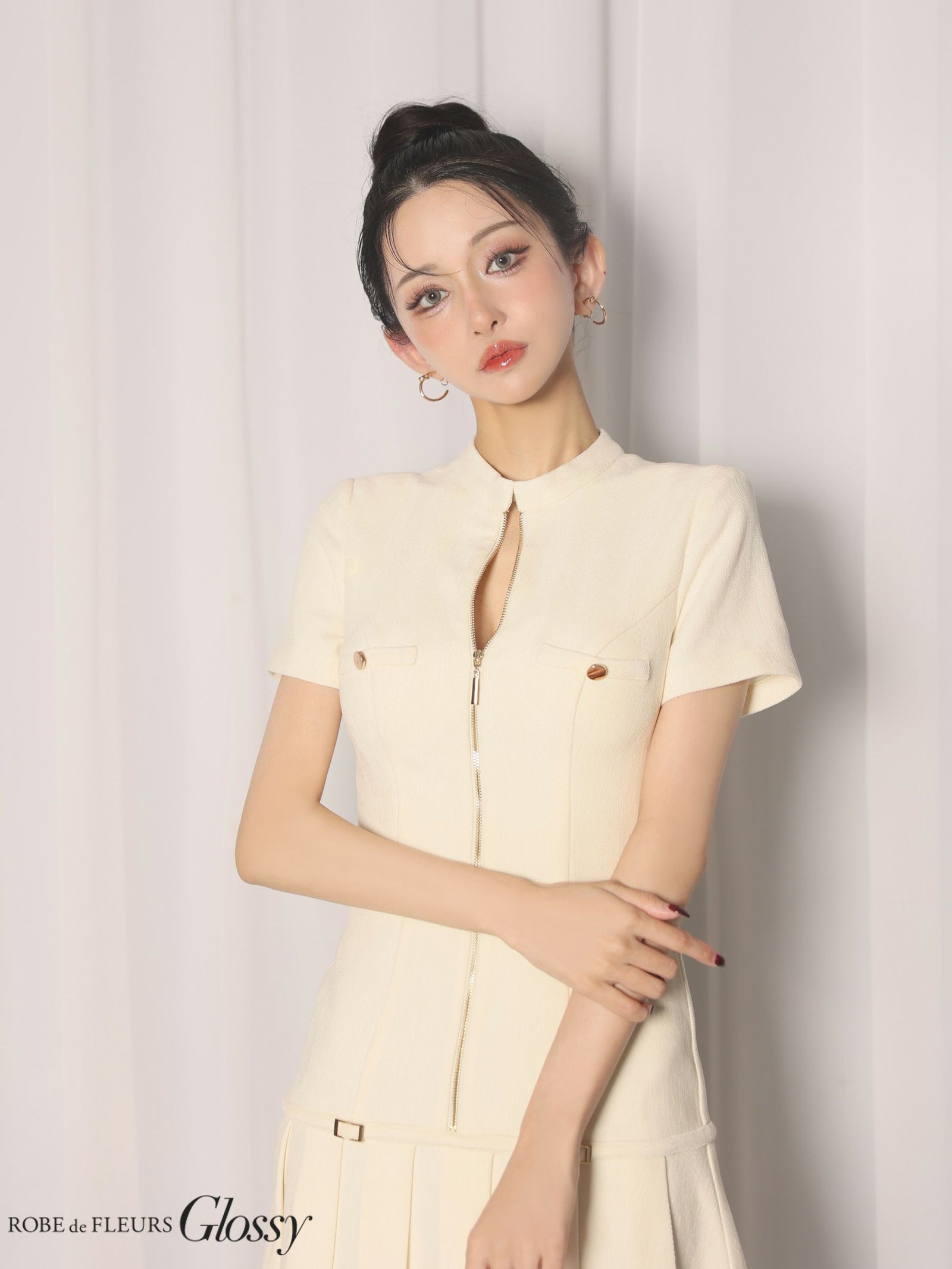 Glossy ローブドフルールグロッシー 【XSサイズあり】起毛ニットジップアップ半袖セットアップミニキャバドレス gl3964