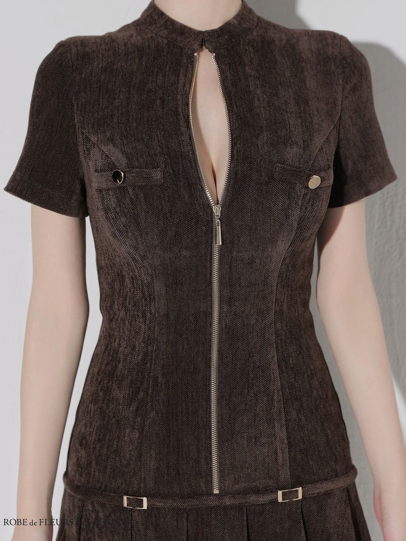 Glossy ローブドフルールグロッシー 【XSサイズあり】起毛ニットジップアップ半袖セットアップミニキャバドレス gl3964