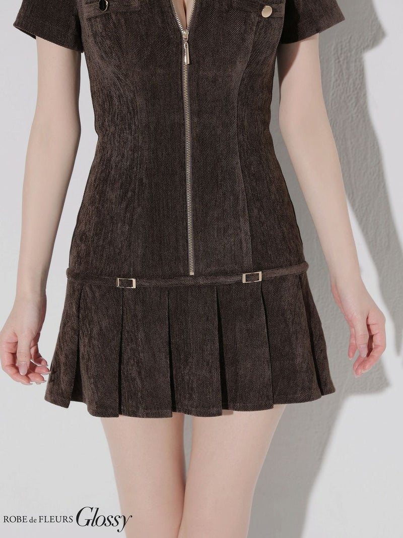 Glossy ローブドフルールグロッシー 【XSサイズあり】起毛ニットジップアップ半袖セットアップミニキャバドレス gl3964