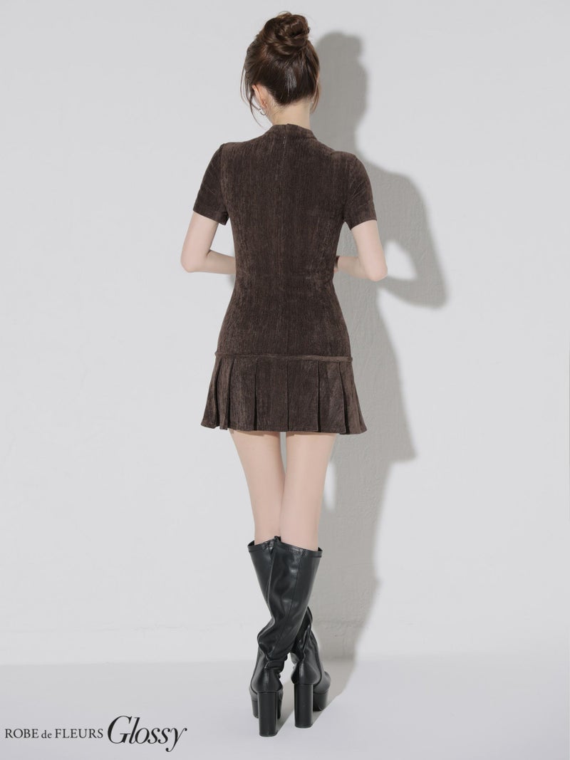 Glossy ローブドフルールグロッシー 【XSサイズあり】起毛ニットジップアップ半袖セットアップミニキャバドレス gl3964