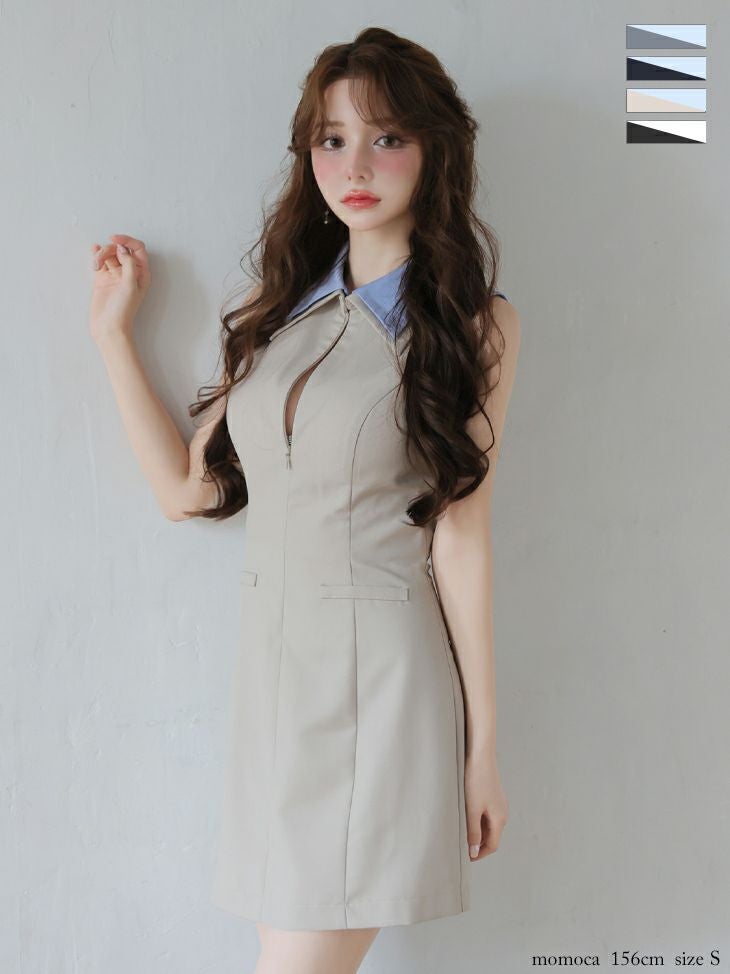 ROBE de FLEURS ローブドフルール 【XS～Lサイズあり】襟付きノースリーブタイトミニキャバドレス fm4228