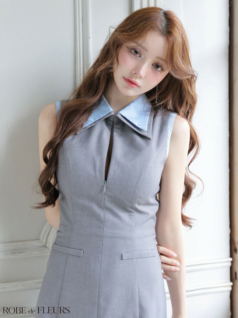 ROBE de FLEURS ローブドフルール 【XS～Lサイズあり】襟付きノースリーブタイトミニキャバドレス fm4228