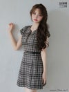 DEA. ディア バイ ローブドフルール 【XS～Lサイズあり】 チェックツイード袖付きプリーツスカートミニキャバドレス de4330