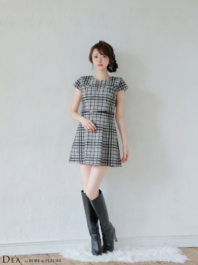 DEA. ディア バイ ローブドフルール 【XS～Lサイズあり】 チェックツイード袖付きプリーツスカートミニキャバドレス de4330