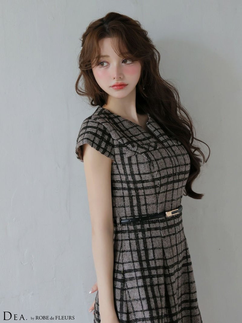 DEA. ディア バイ ローブドフルール 【XS～Lサイズあり】 チェックツイード袖付きプリーツスカートミニキャバドレス de4330