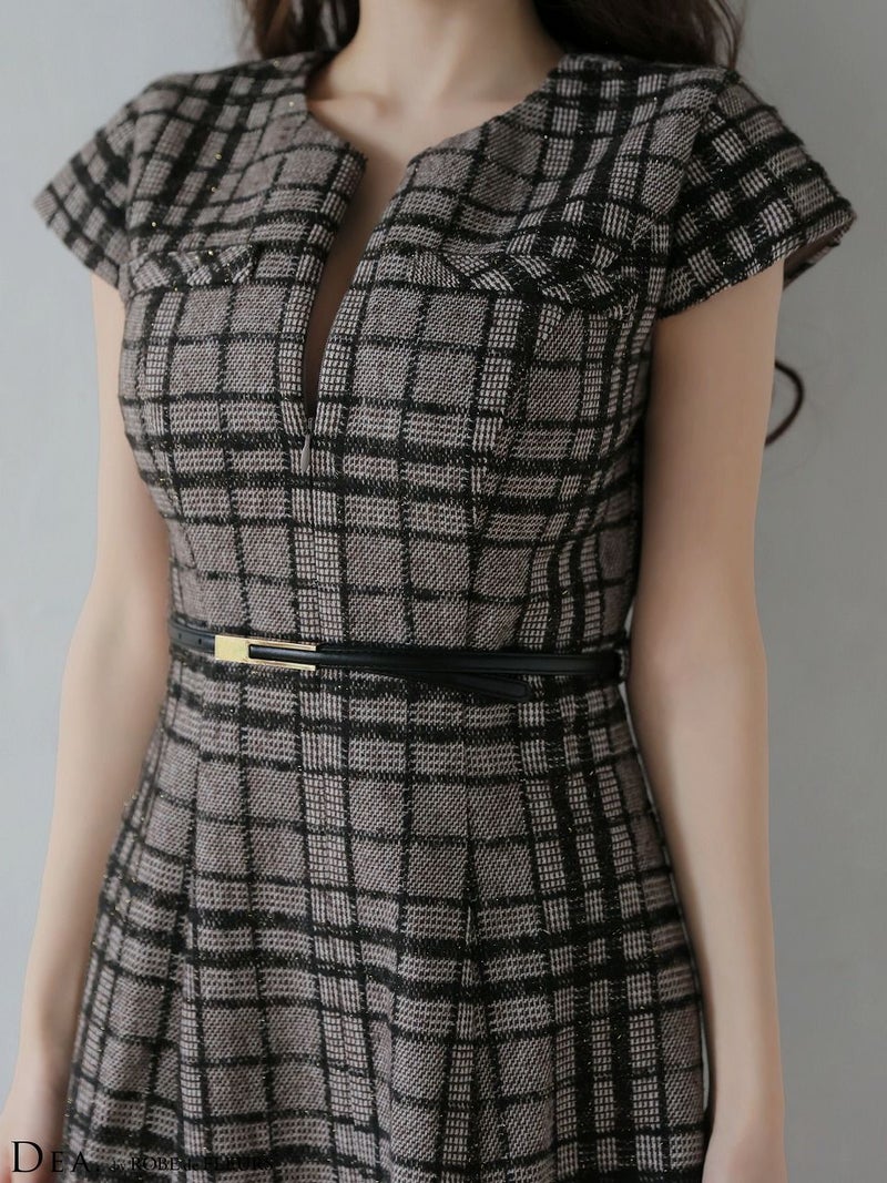 DEA. ディア バイ ローブドフルール 【XS～Lサイズあり】 チェックツイード袖付きプリーツスカートミニキャバドレス de4330