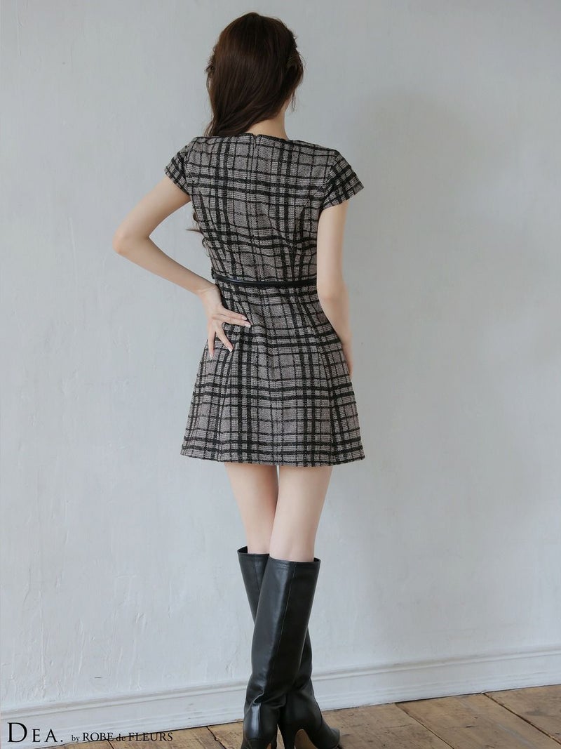 DEA. ディア バイ ローブドフルール 【XS～Lサイズあり】 チェックツイード袖付きプリーツスカートミニキャバドレス de4330