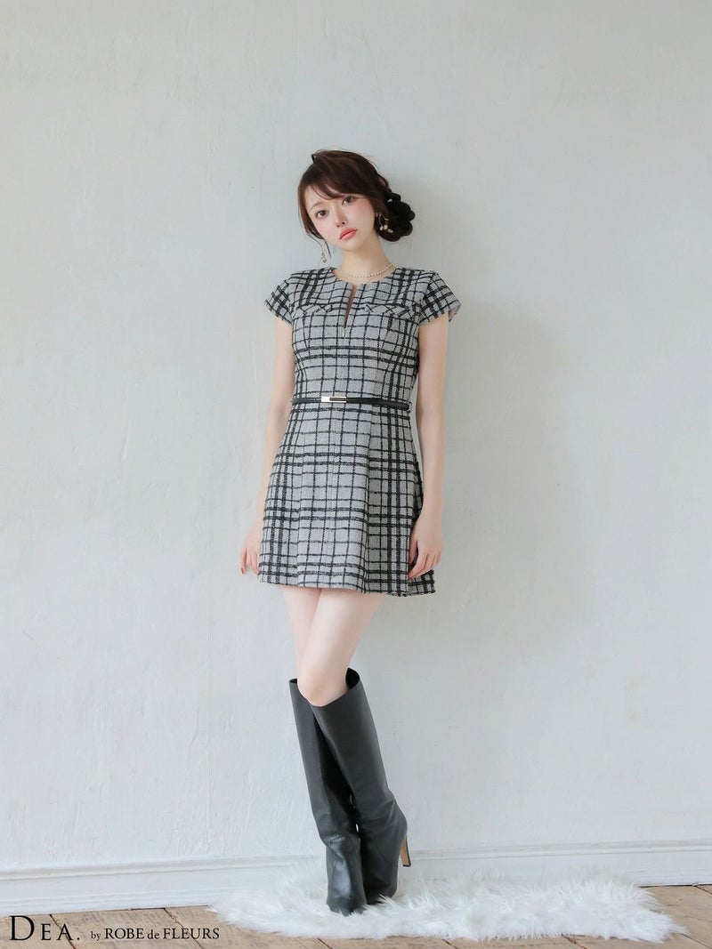 DEA. ディア バイ ローブドフルール 【XS～Lサイズあり】 チェックツイード袖付きプリーツスカートミニキャバドレス de4330