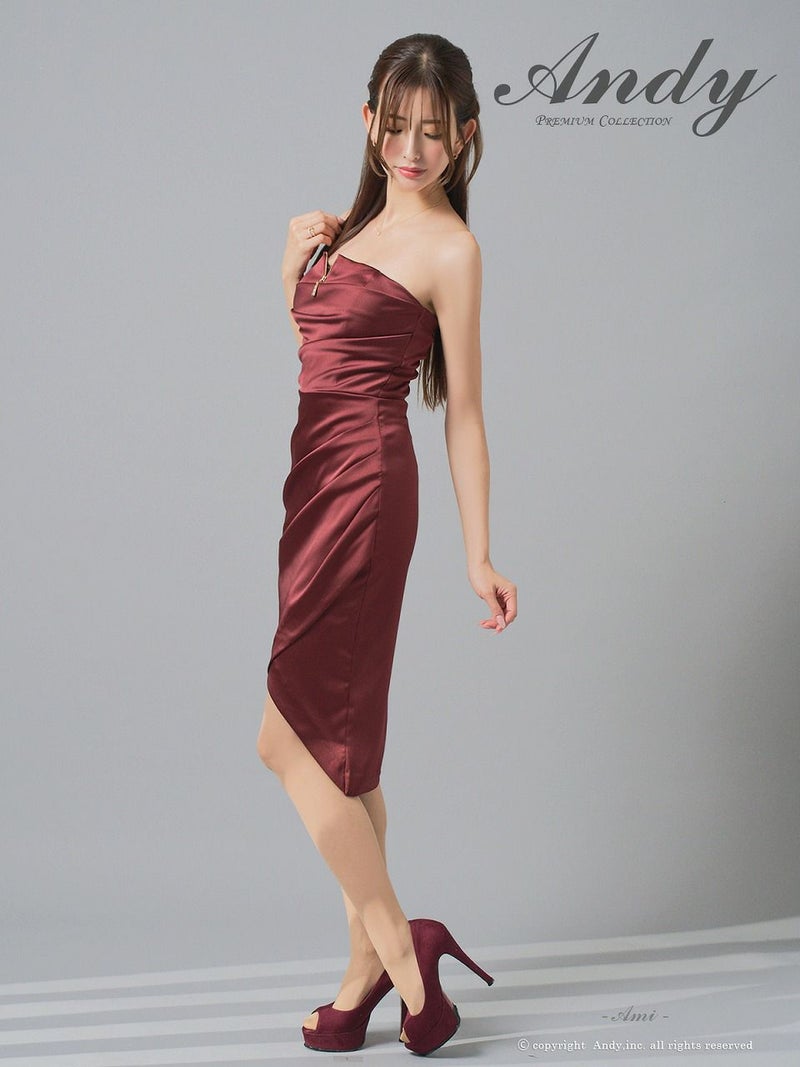 Andy アンディ サテン ベアトップ フロントジップ タックデザイン アシンメトリー タイト ミディアムドレス an-on3030