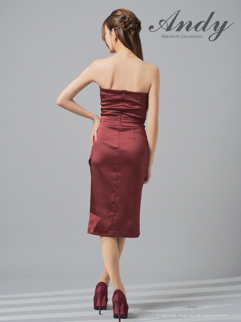 Andy アンディ サテン ベアトップ フロントジップ タックデザイン アシンメトリー タイト ミディアムドレス an-on3030