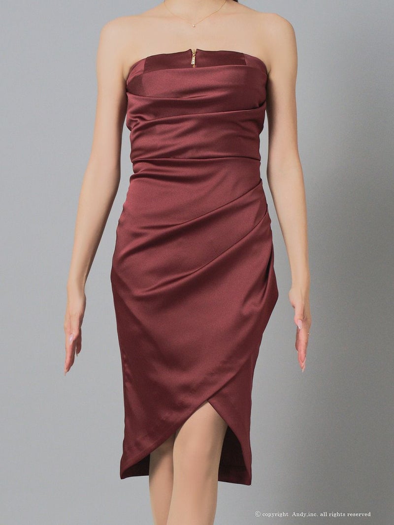 Andy アンディ サテン ベアトップ フロントジップ タックデザイン アシンメトリー タイト ミディアムドレス an-on3030