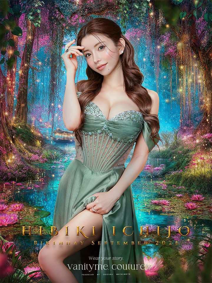 vanityME.couture. バニティミークチュール 一条響ちゃん 着用 オフショル サテン ビジュー コルセット スリット入り  ロングドレス バースデードレス セージ vctr-l-cd297