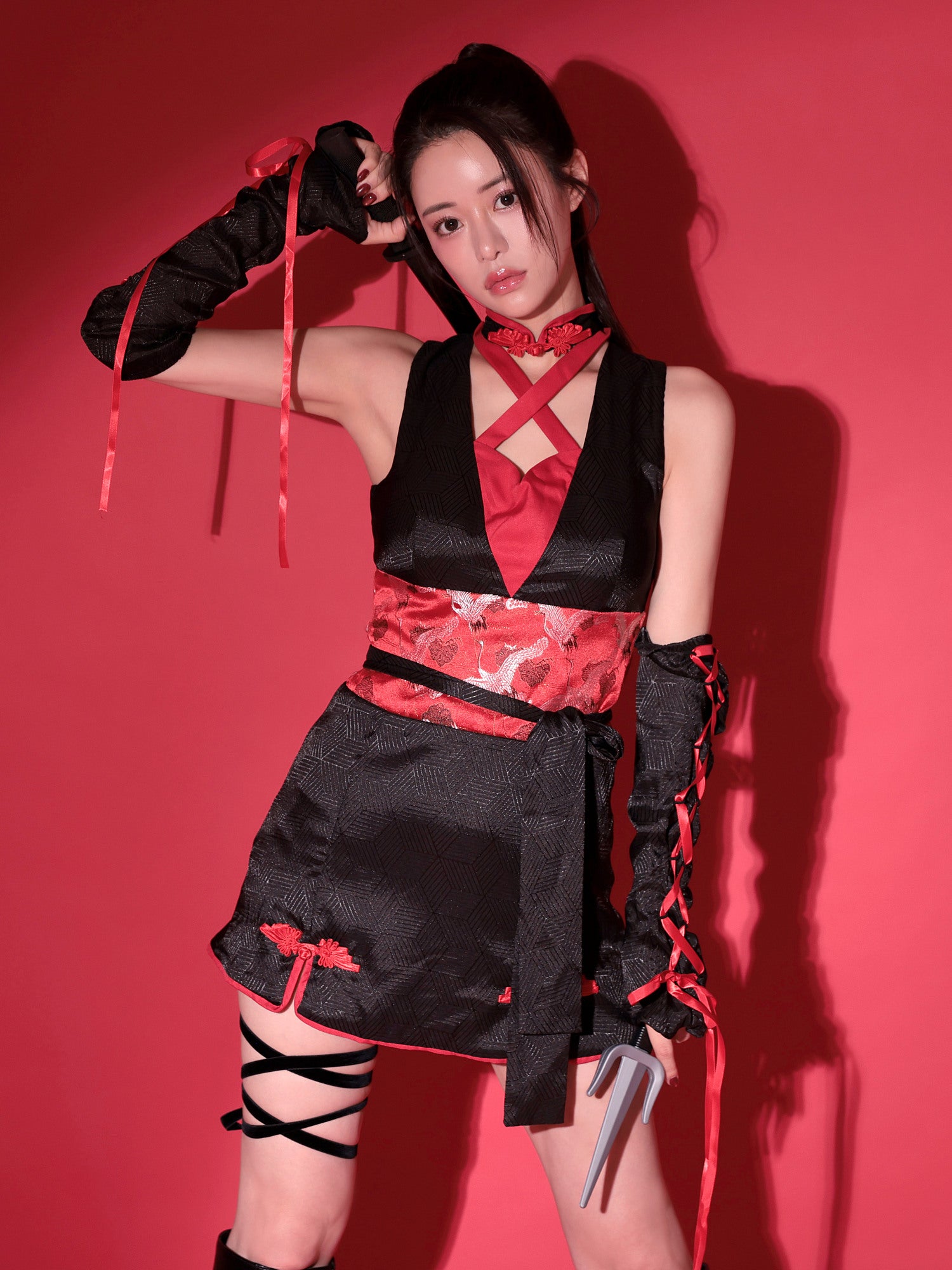 【5点セット】コスプレ くのいち #2  忍者 KUNOICHI 黒×赤 和柄 本格和装 ｜vcsot-24001-at