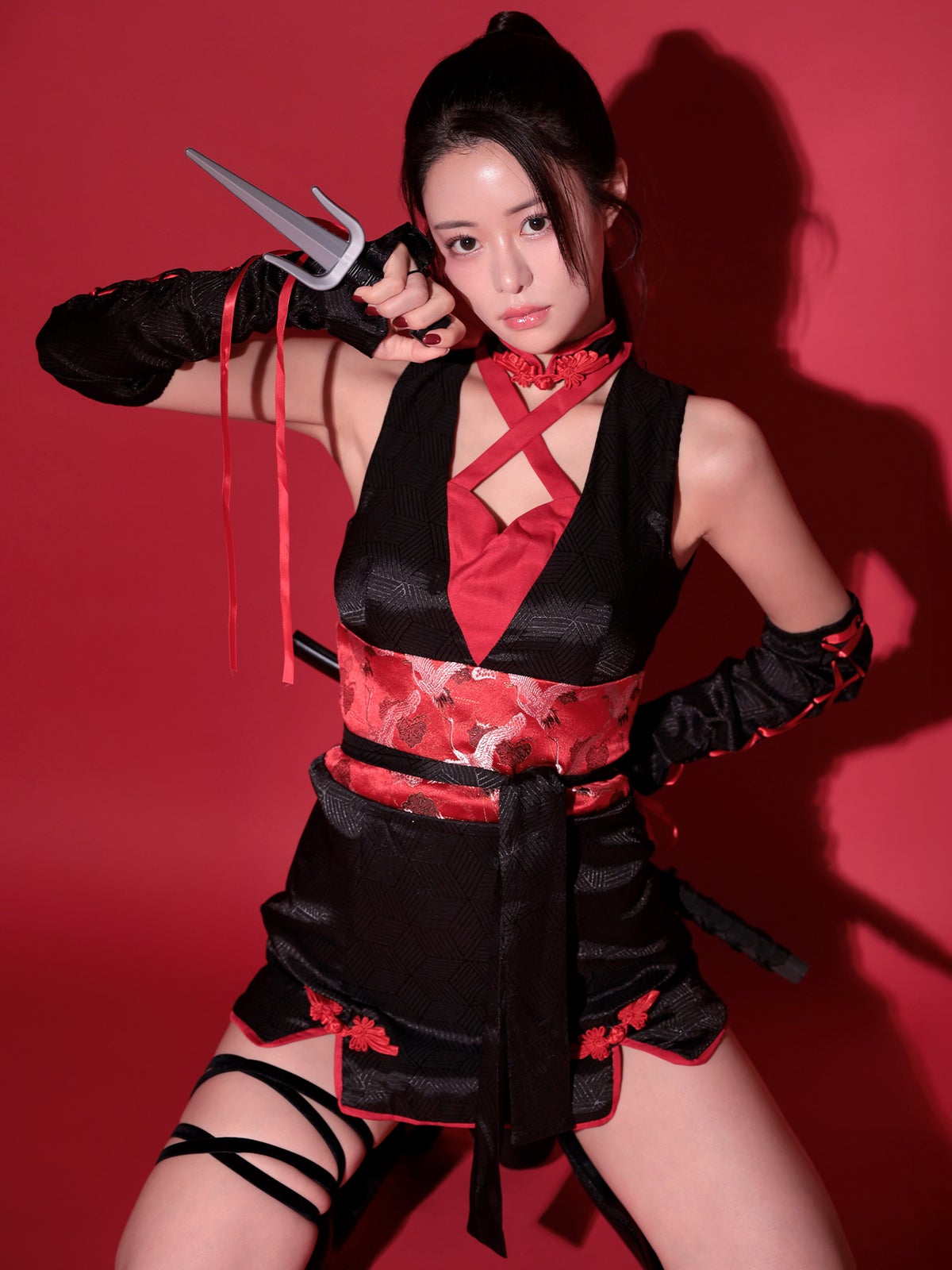 【5点セット】コスプレ くのいち #2  忍者 KUNOICHI 黒×赤 和柄 本格和装 ｜vcsot-24001-at