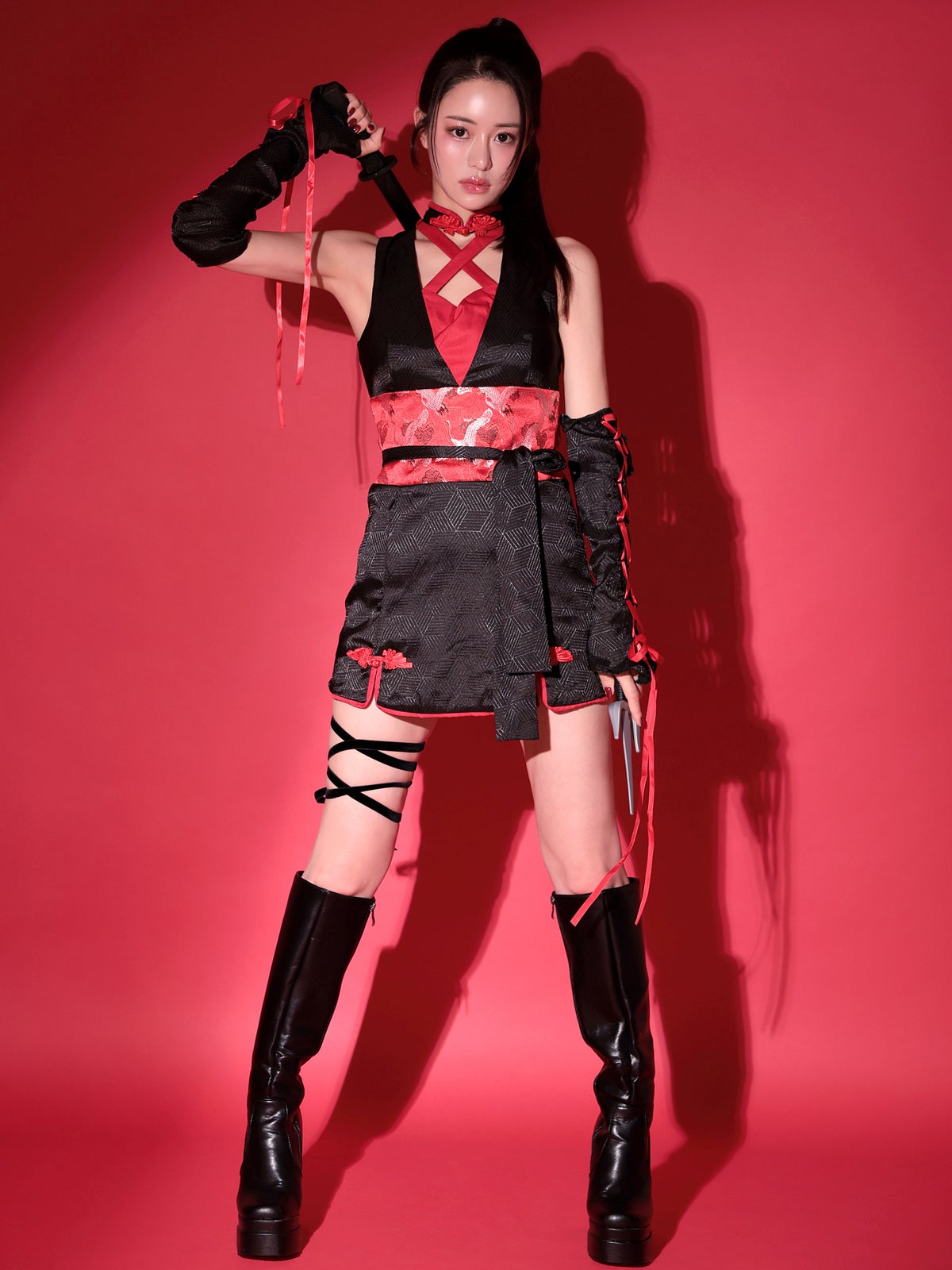 【5点セット】コスプレ くのいち #2  忍者 KUNOICHI 黒×赤 和柄 本格和装 ｜vcsot-24001-at