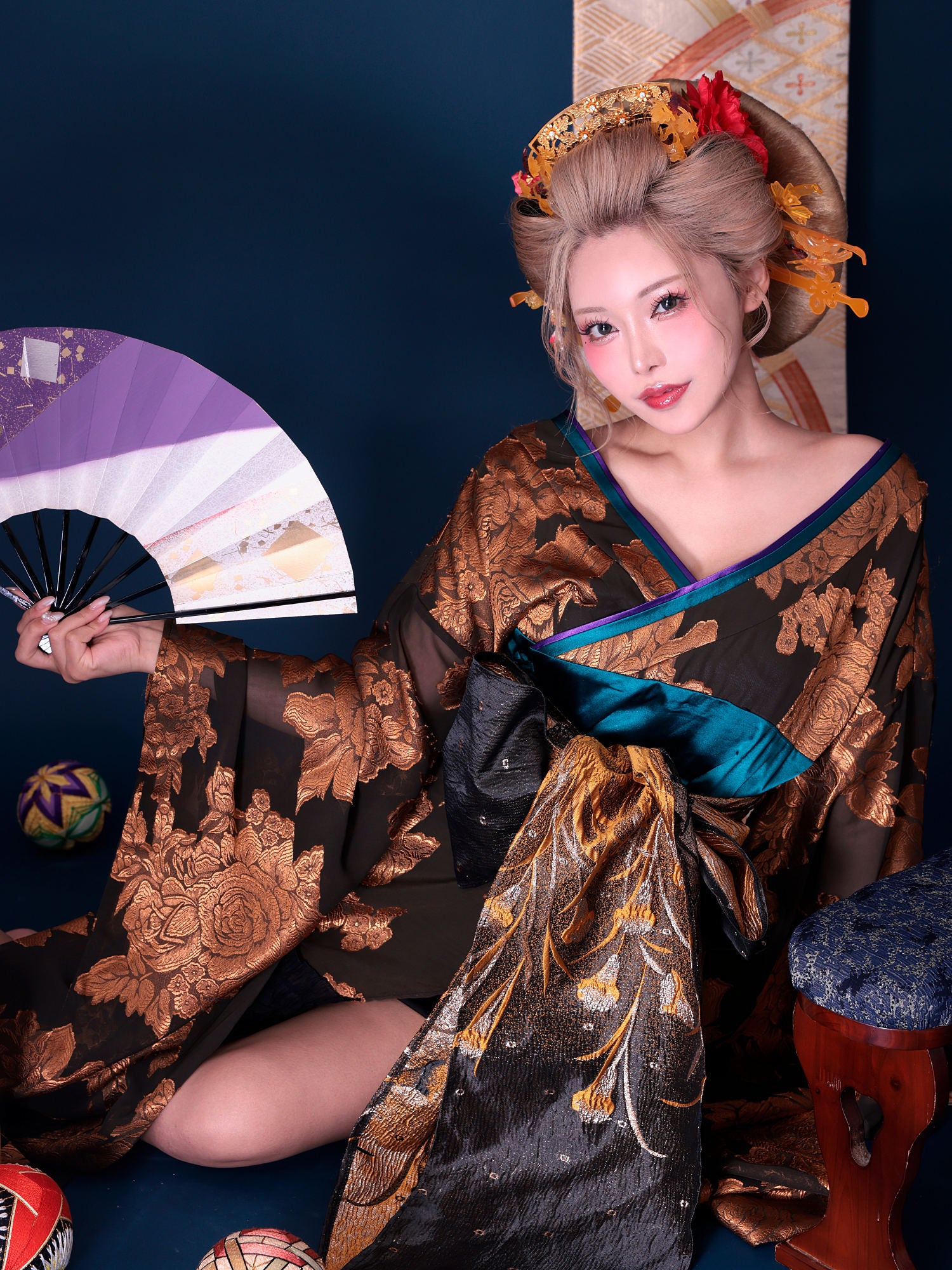 【2点セット】花魁 大奥 ミニ花魁コスプレ 金箔牡丹 黒×金 和柄 本格和装 着物 花魁ドレス｜ vcsot-250757-1-ac