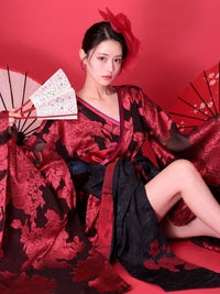 【2点セット】花魁 大奥 ミニ花魁コスプレ 牡丹 黒×赤 和柄 本格和装 着物 花魁ドレス｜vcsot-250757-2-ac