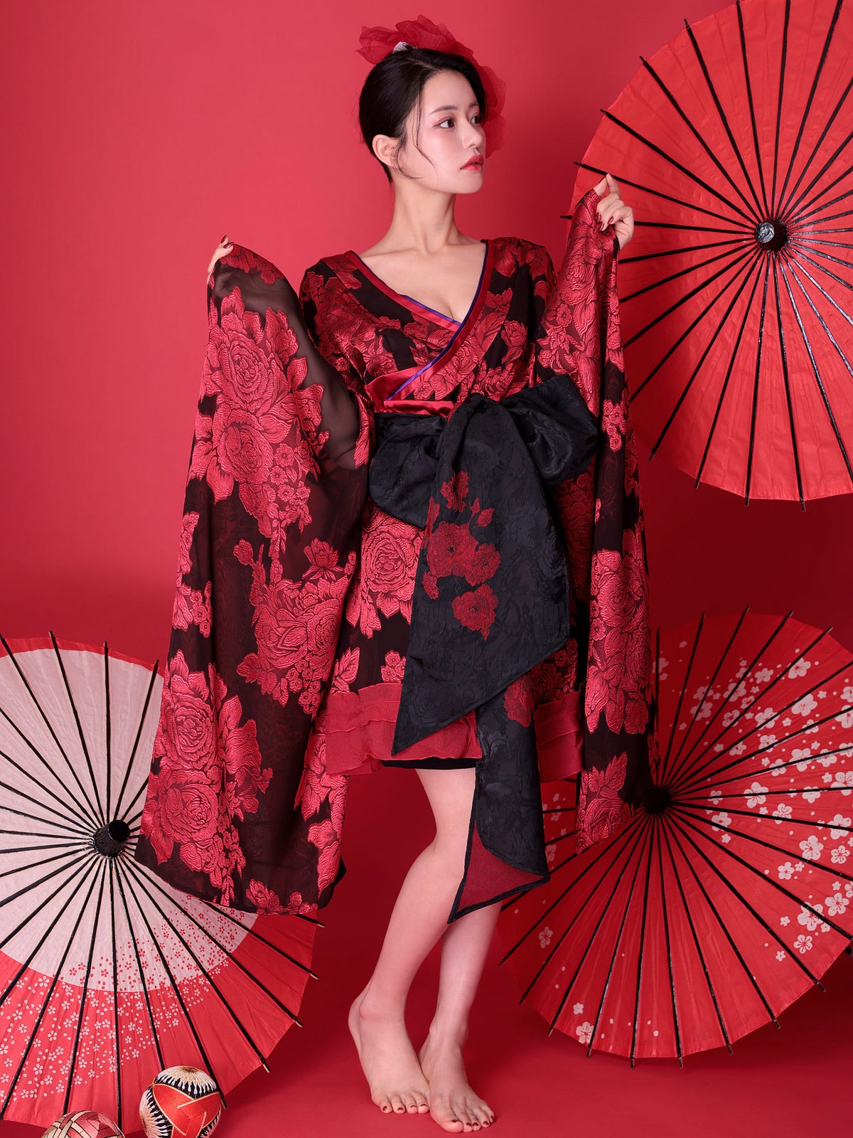 【2点セット】花魁 大奥 ミニ花魁コスプレ 牡丹 黒×赤 和柄 本格和装 着物 花魁ドレス｜vcsot-250757-2-ac