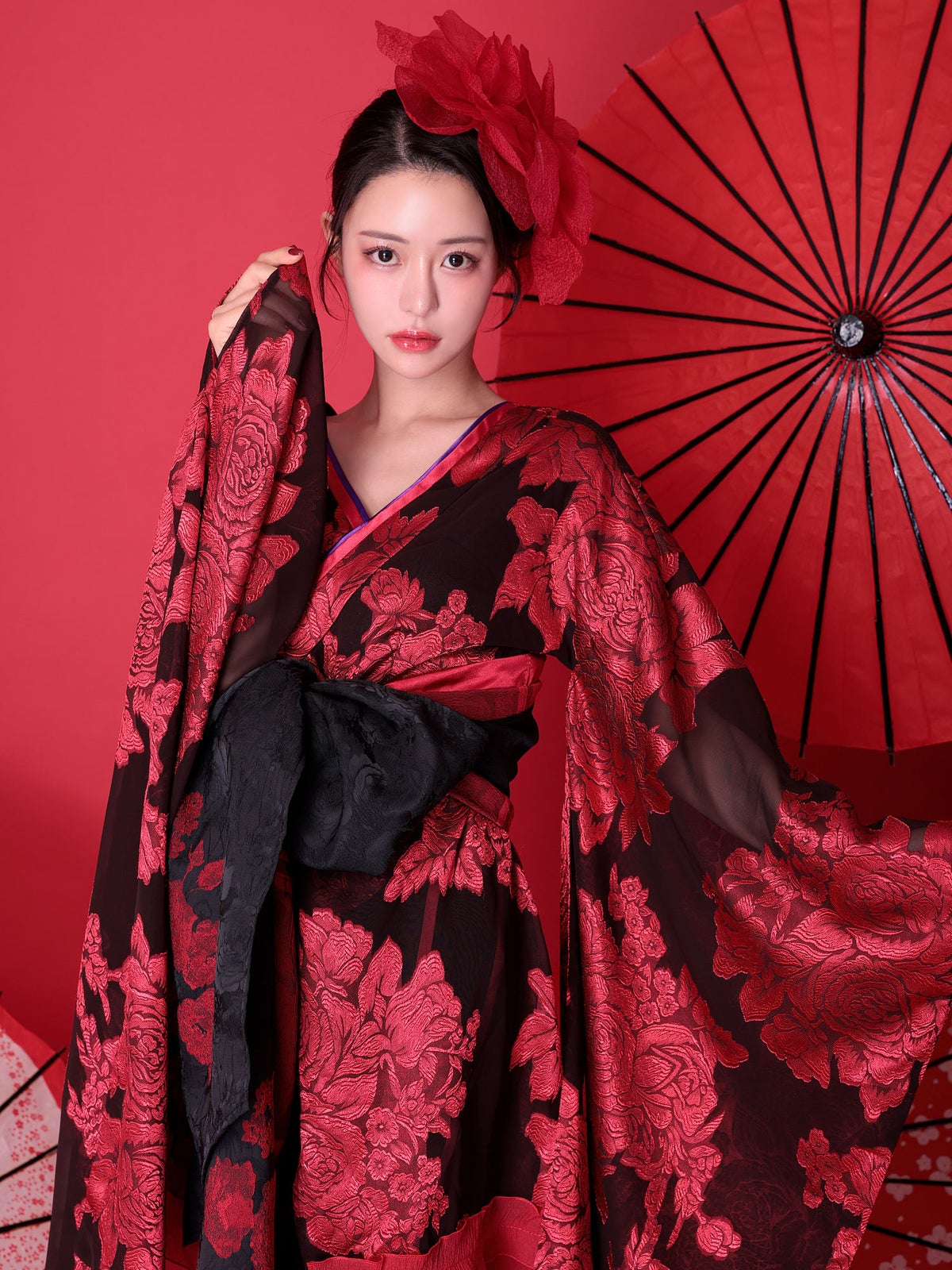【2点セット】花魁 大奥 ミニ花魁コスプレ 牡丹 黒×赤 和柄 本格和装 着物 花魁ドレス｜vcsot-250757-2-ac