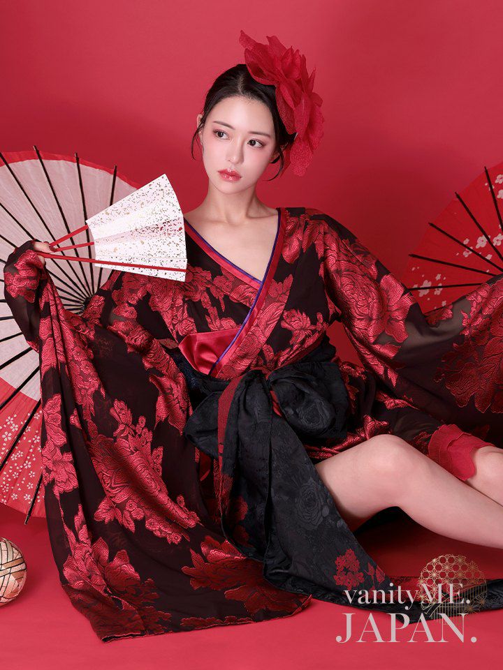 2点セット】花魁 大奥 ミニ花魁コスプレ 牡丹 黒×赤 和柄 本格和装
