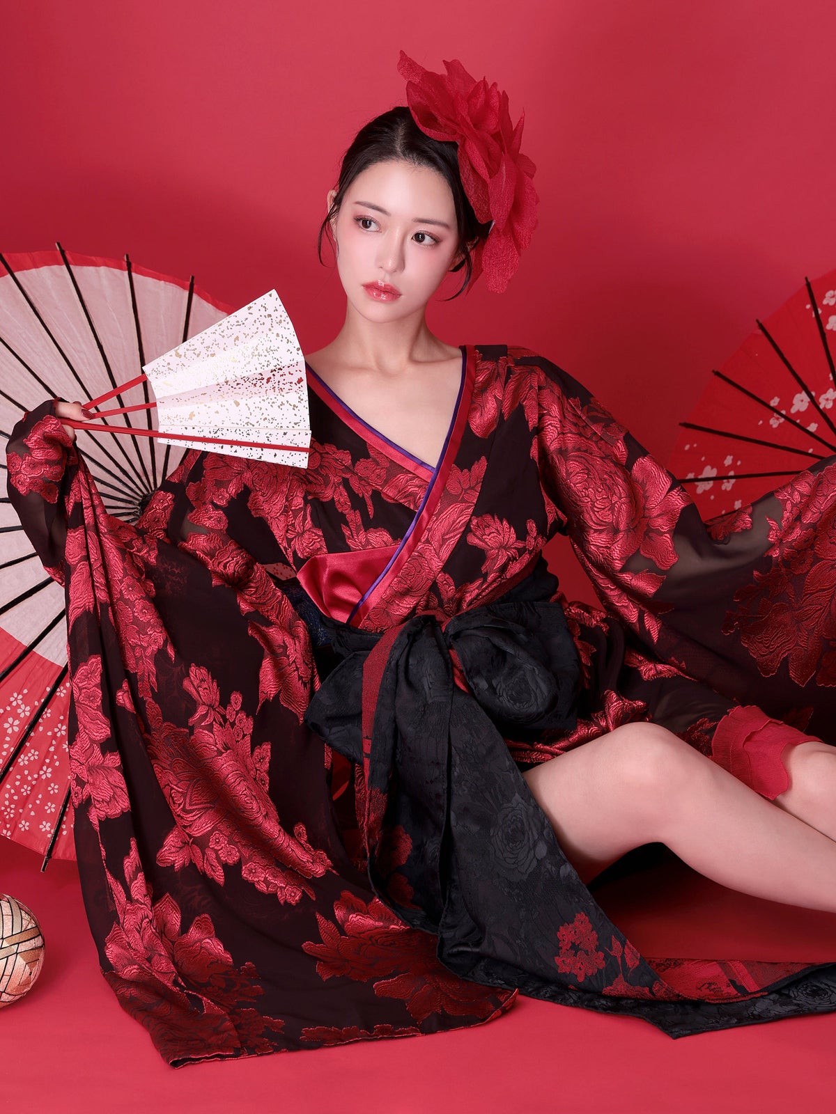 【2点セット】花魁 大奥 ミニ花魁コスプレ 牡丹 黒×赤 和柄 本格和装 着物 花魁ドレス｜vcsot-250757-2-ac