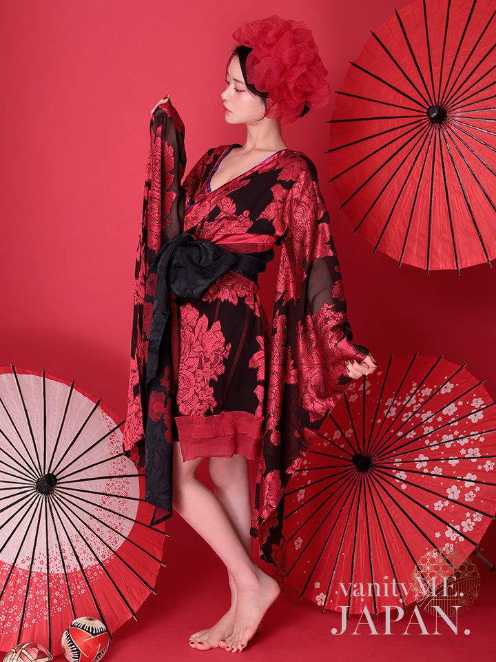 2点セット】花魁 大奥 ミニ花魁コスプレ 牡丹 黒×赤 和柄 本格和装