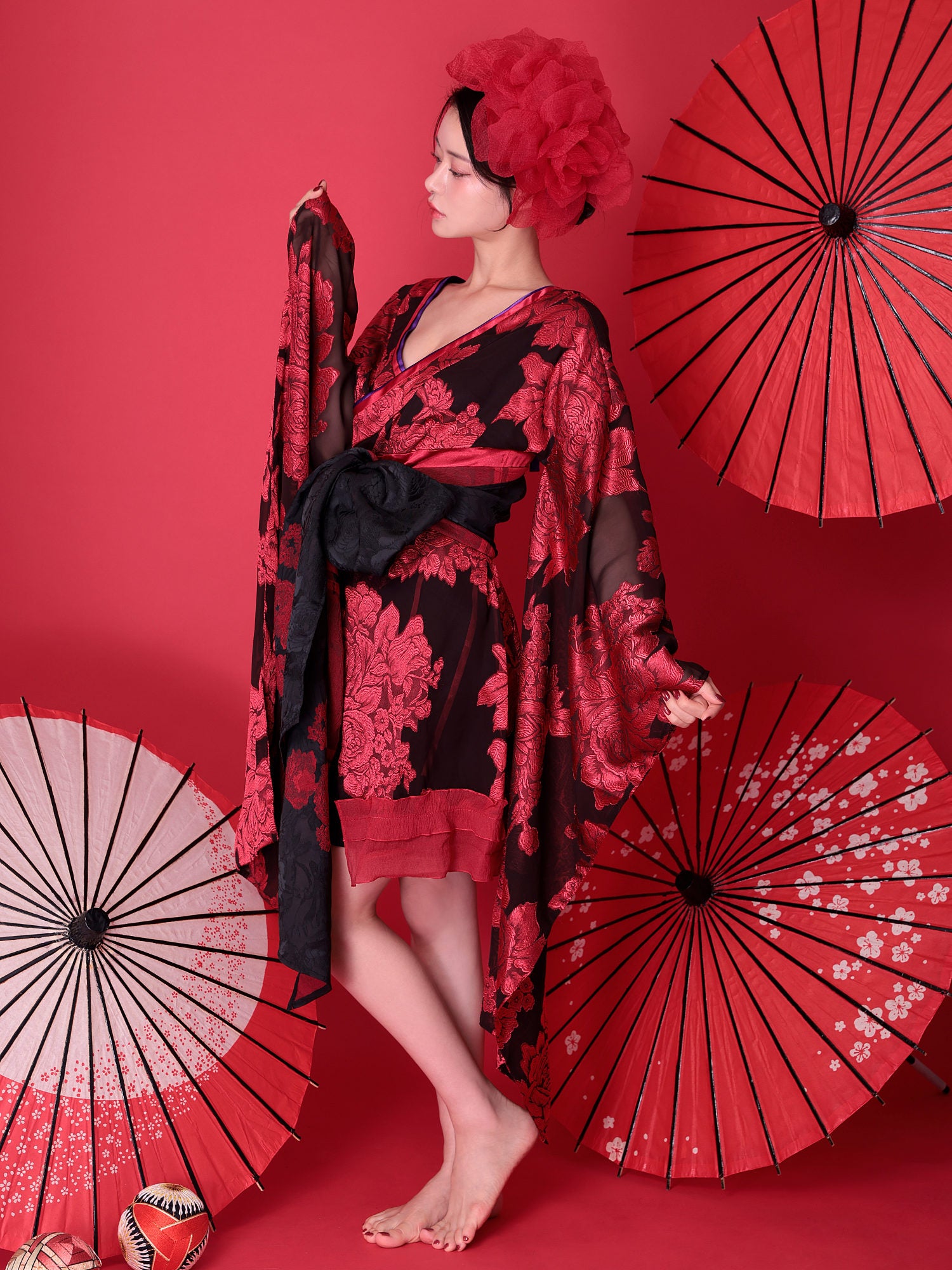 【2点セット】花魁 大奥 ミニ花魁コスプレ 牡丹 黒×赤 和柄 本格和装 着物 花魁ドレス｜vcsot-250757-2-ac