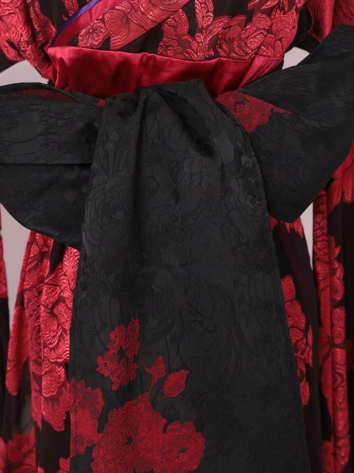 2点セット】花魁 大奥 ミニ花魁コスプレ 牡丹 黒×赤 和柄 本格和装