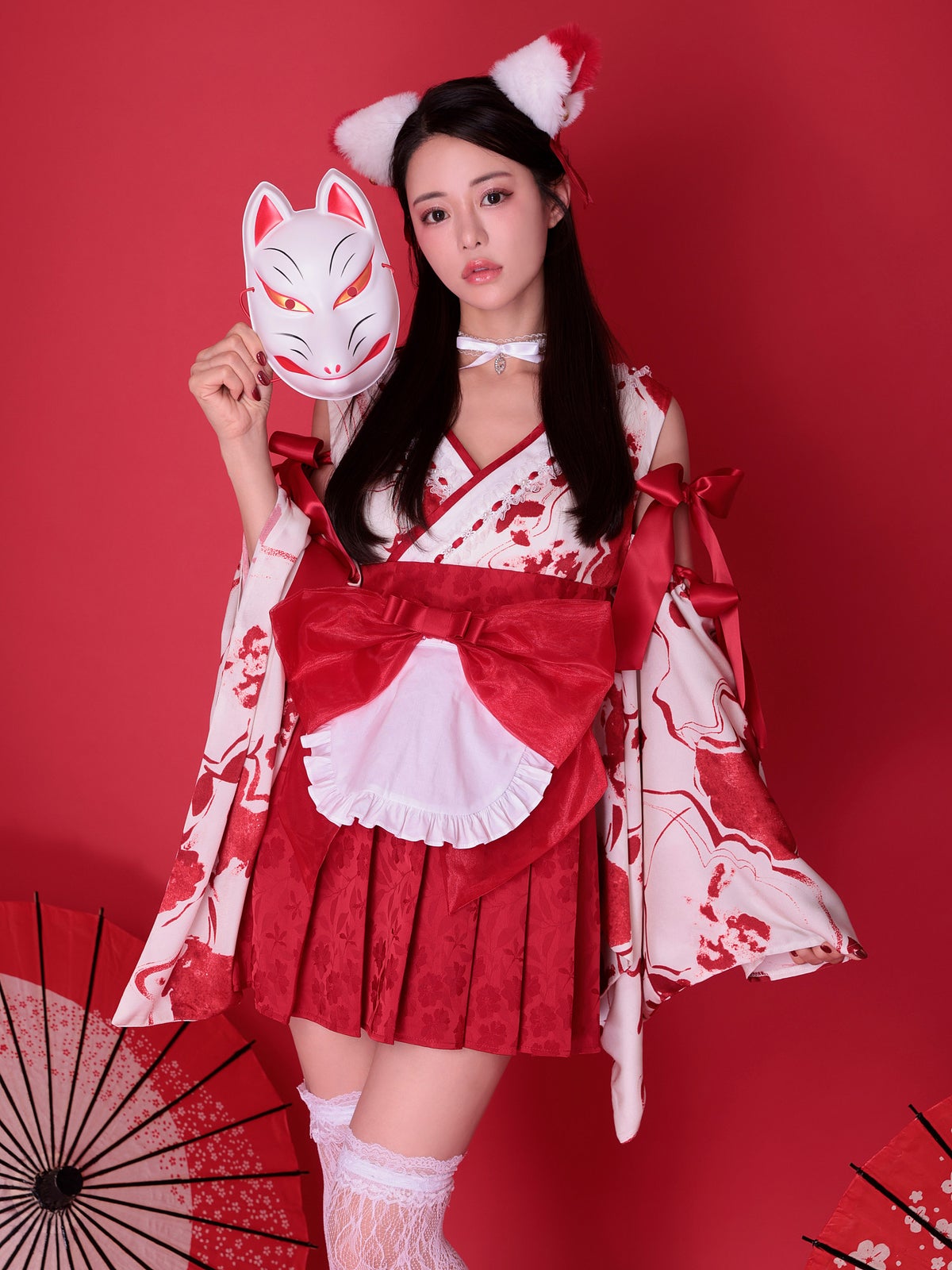 【3点セット】コスプレ 狐メイド KITSUNE MAID 白×赤｜vcsot-250837-1-ac