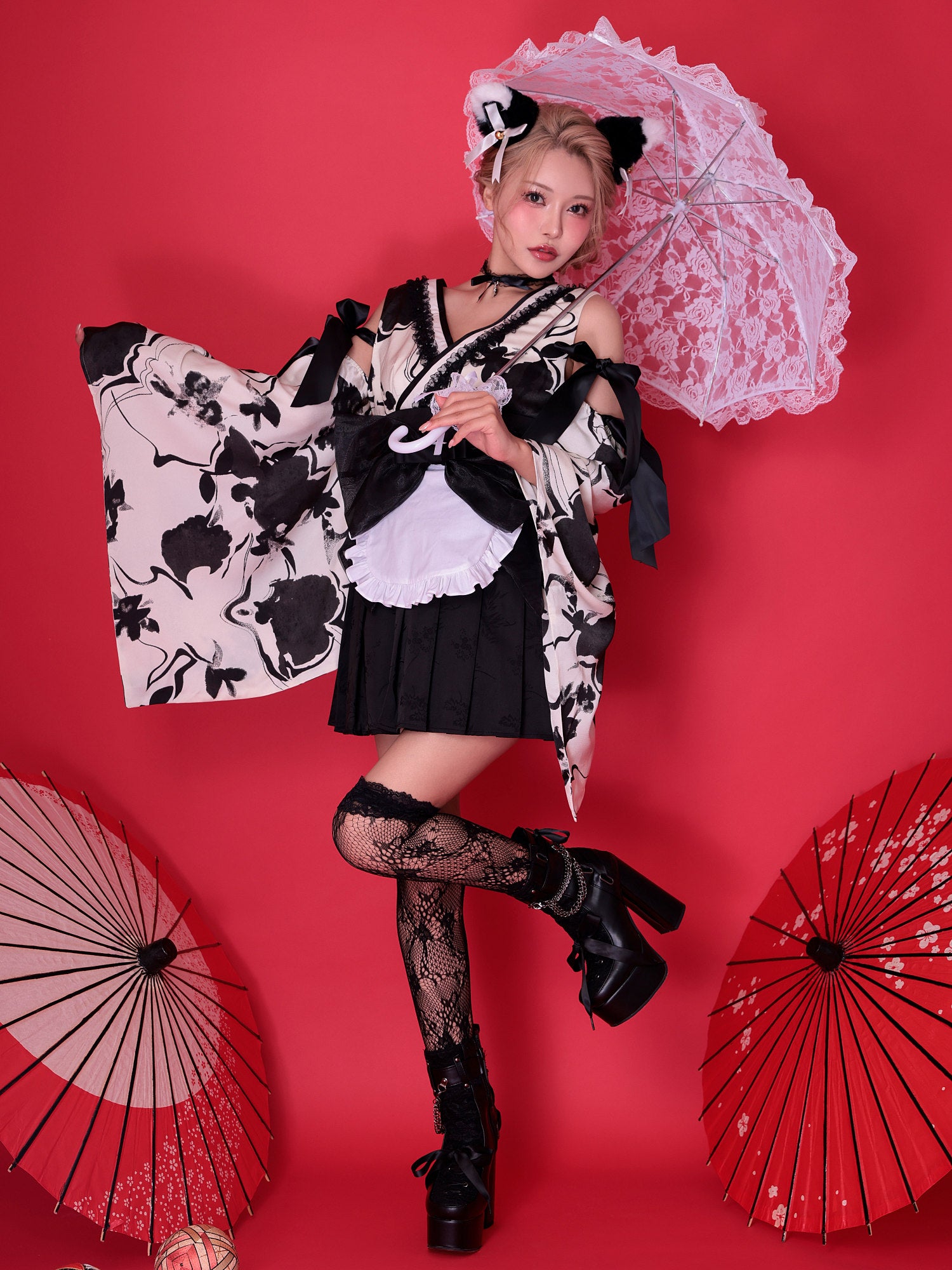 【3点セット】コスプレ 狐メイド KITSUNE MAID 白×黒｜vcsot-250837-2-ac