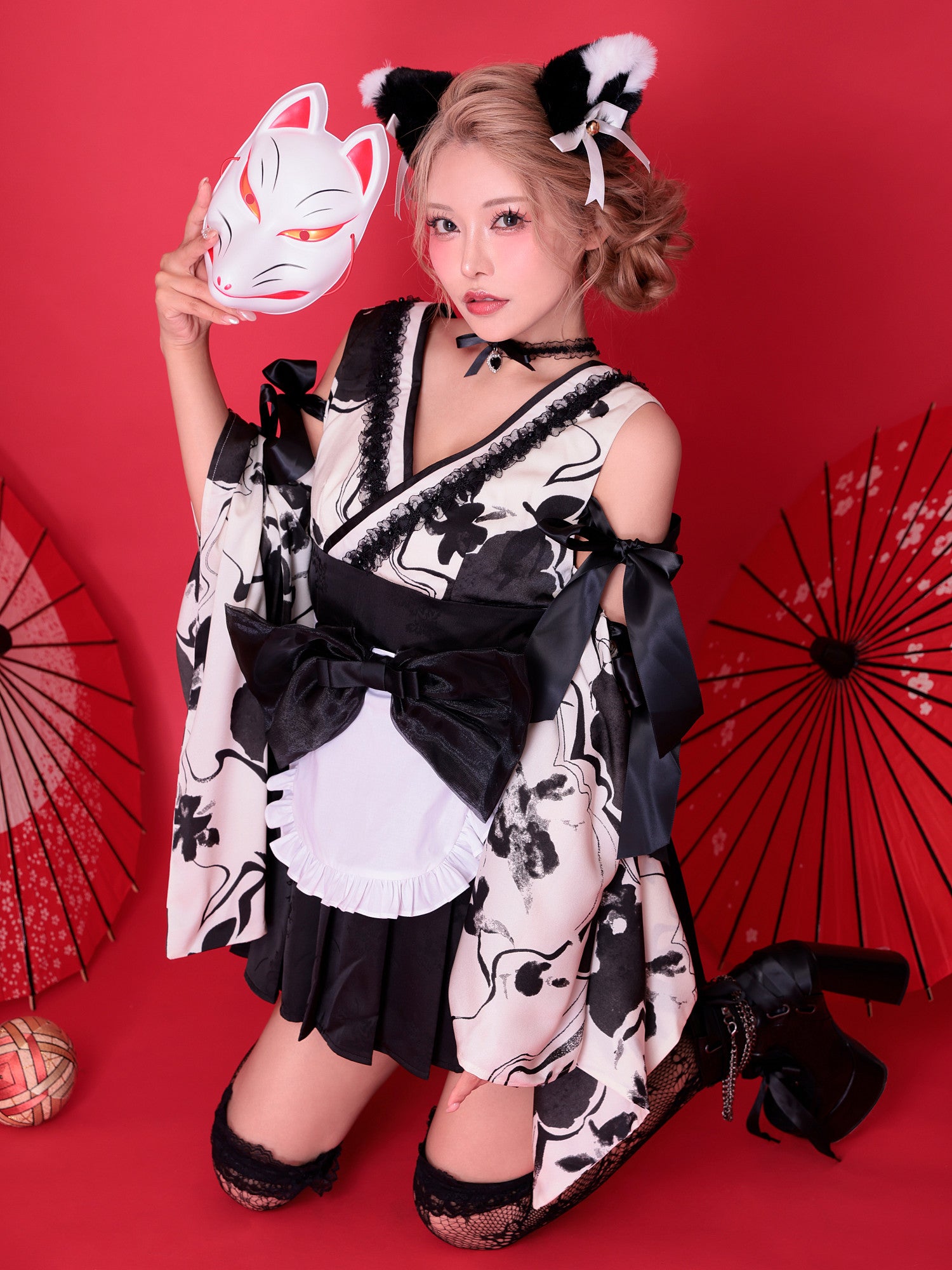【3点セット】コスプレ 狐メイド KITSUNE MAID 白×黒｜vcsot-250837-2-ac
