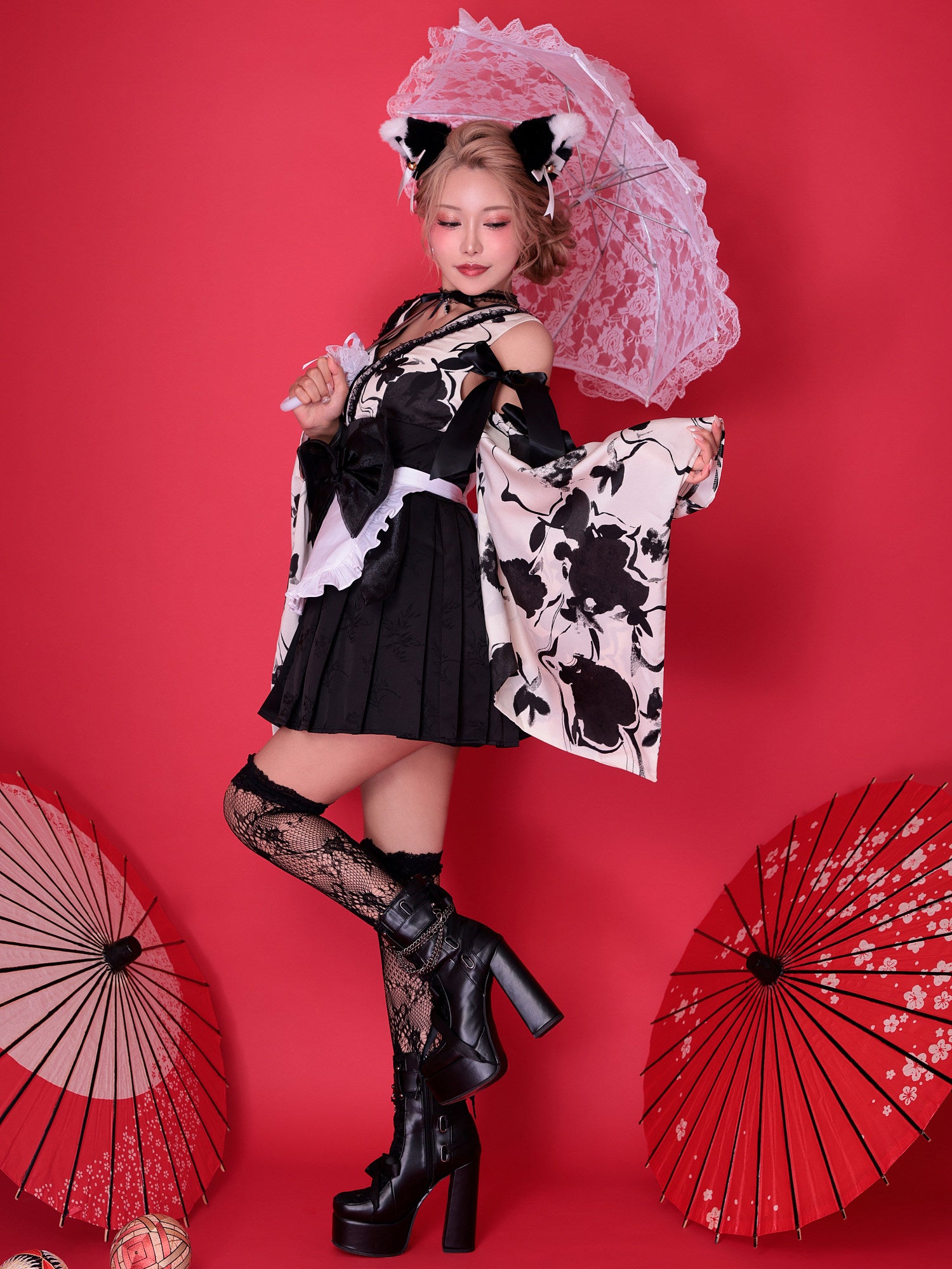 【3点セット】コスプレ 狐メイド KITSUNE MAID 白×黒｜vcsot-250837-2-ac