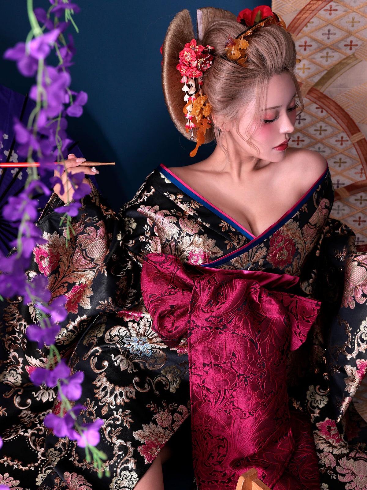 【Sサイズ：10月中旬頃入荷予定】【2点セット】花魁 大奥 コスプレ 大奥#3 菖蒲 AYAME 黒×金 和柄 本格和装 着物 花魁ドレス｜ vcsot-250673-ac