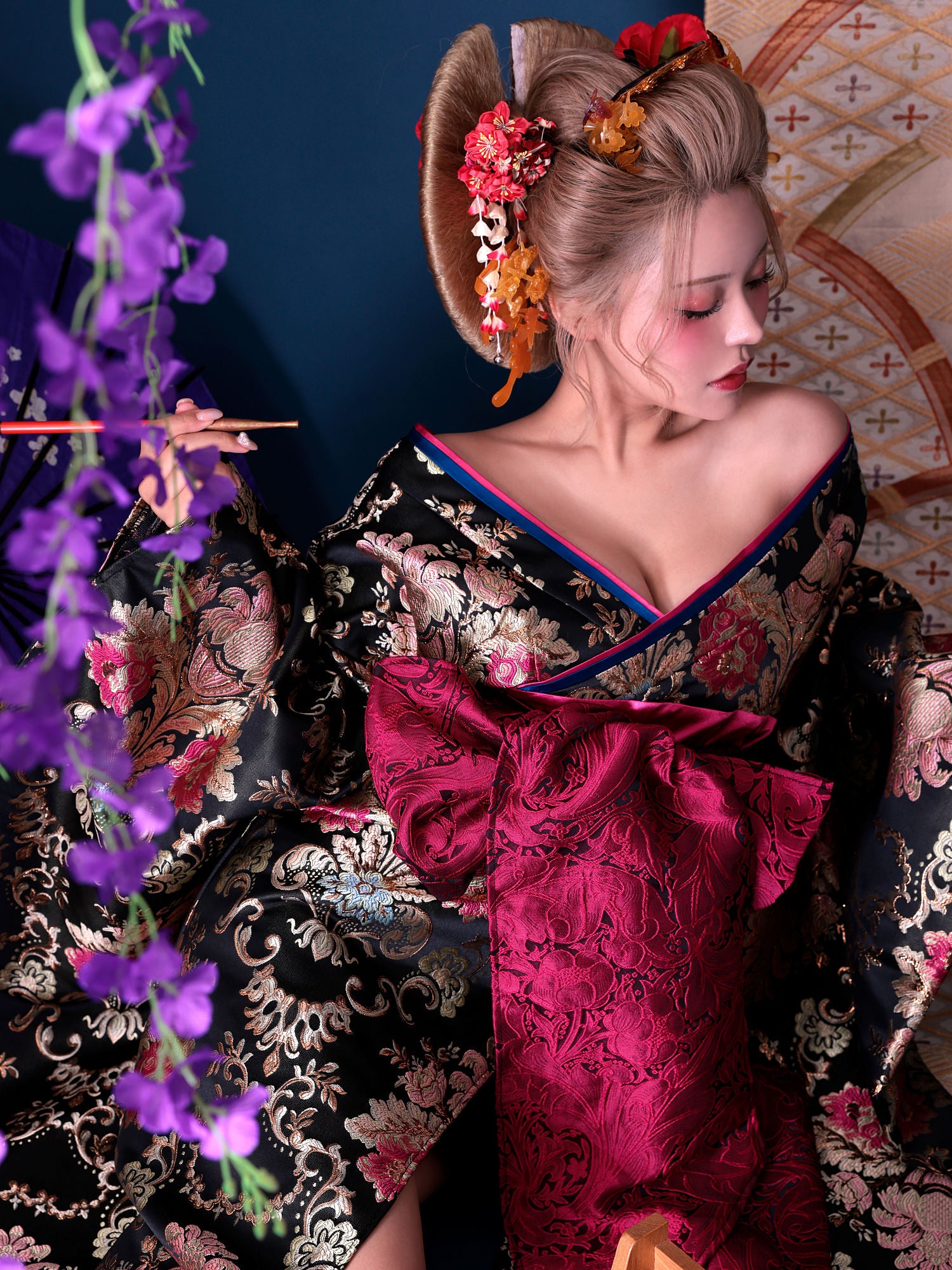 【Sサイズ：10月中旬頃入荷予定】【2点セット】花魁 大奥 コスプレ 大奥#3 菖蒲 AYAME 黒×金 和柄 本格和装 着物 花魁ドレス｜ vcsot-250673-ac