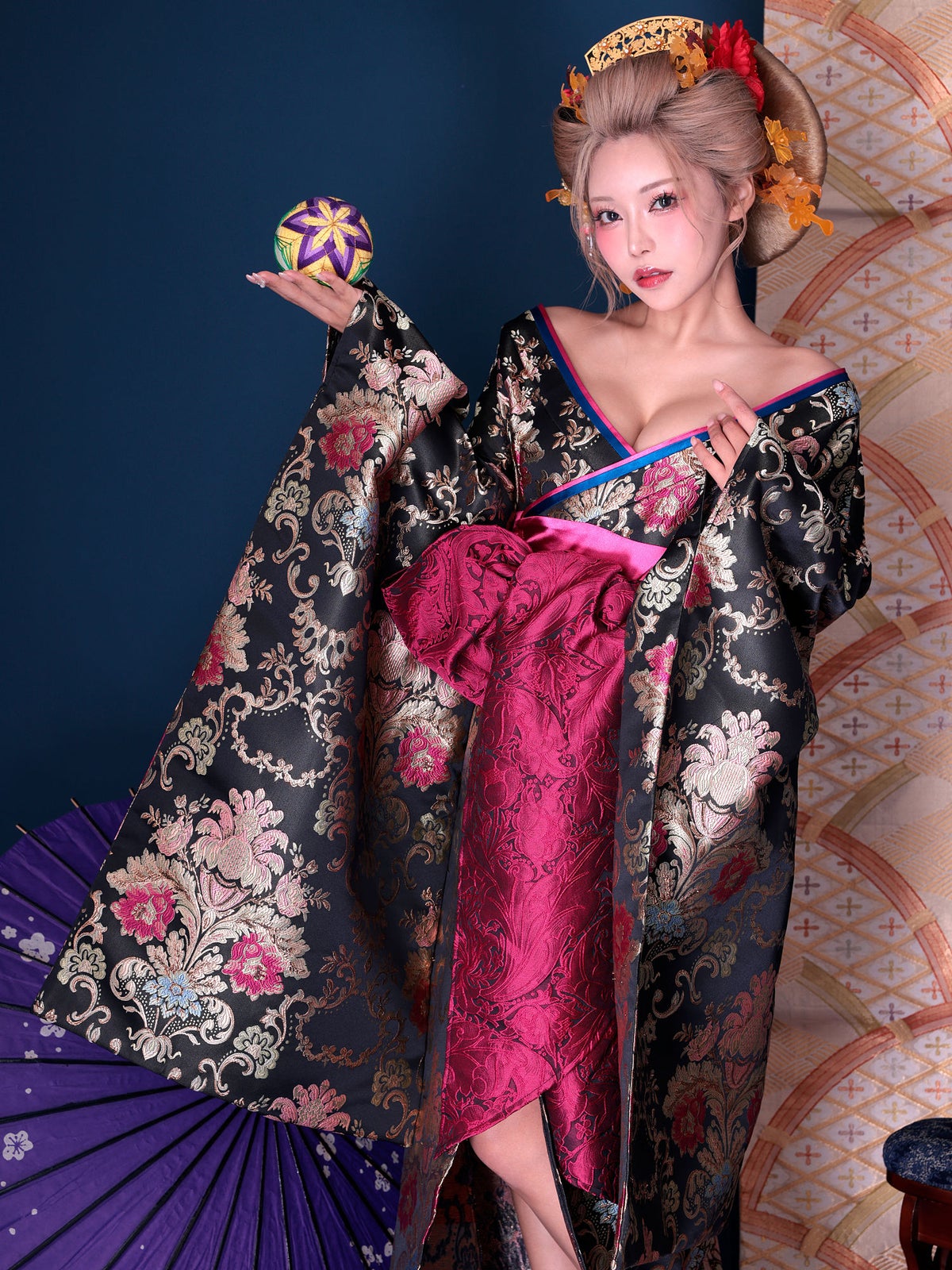 【Sサイズ：10月中旬頃入荷予定】【2点セット】花魁 大奥 コスプレ 大奥#3 菖蒲 AYAME 黒×金 和柄 本格和装 着物 花魁ドレス｜ vcsot-250673-ac