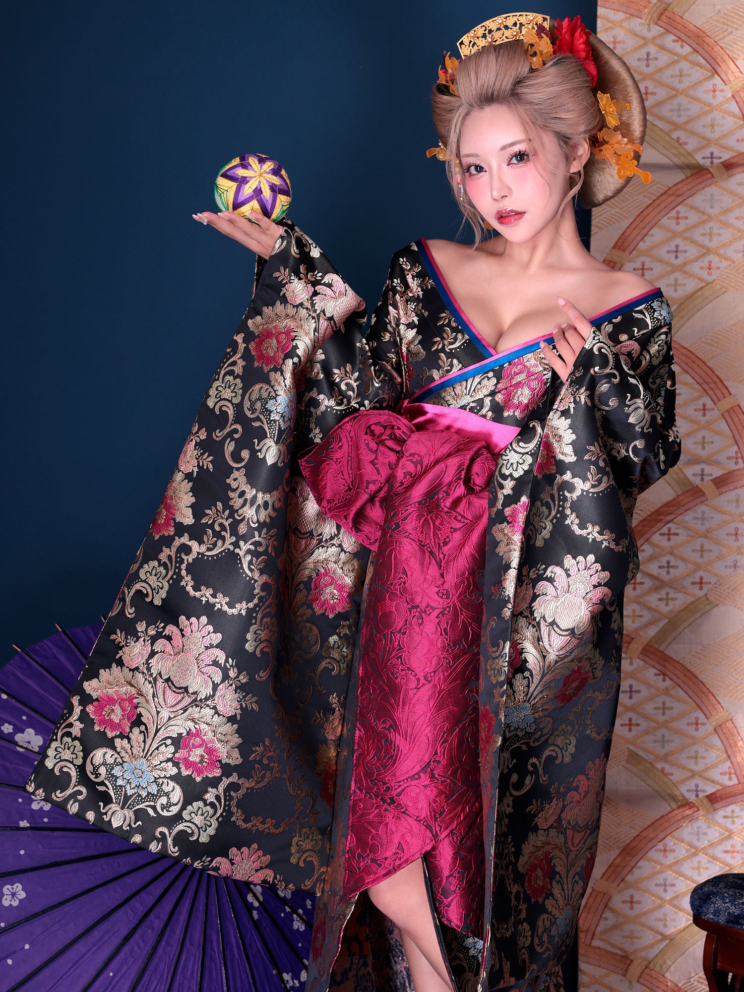 【Sサイズ：10月中旬頃入荷予定】【2点セット】花魁 大奥 コスプレ 大奥#3 菖蒲 AYAME 黒×金 和柄 本格和装 着物 花魁ドレス｜ vcsot-250673-ac