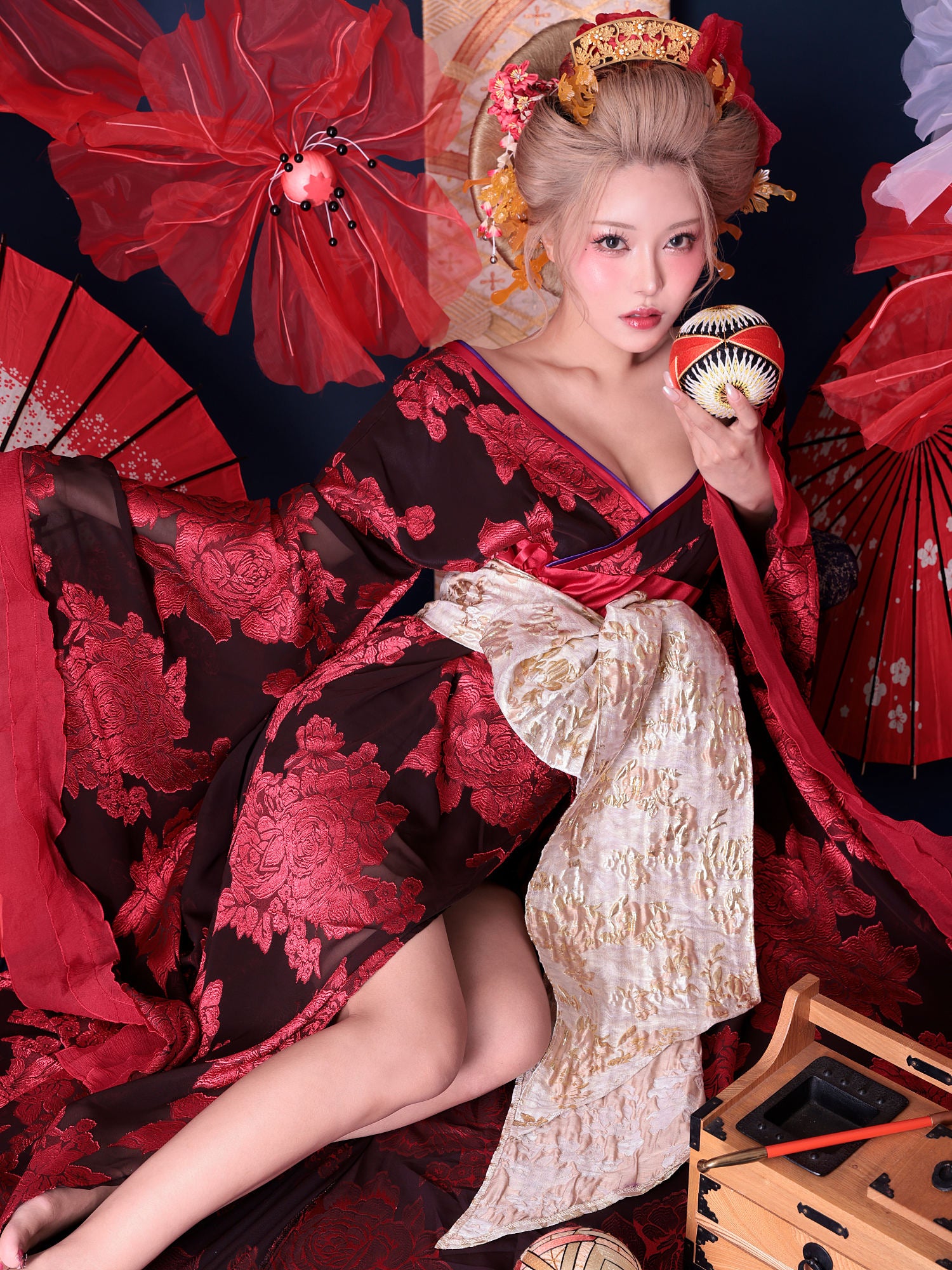【2点セット】花魁 大奥 コスプレ 牡丹 黒×赤 和柄 本格和装 着物 花魁ドレス｜ vcsot-250756-2