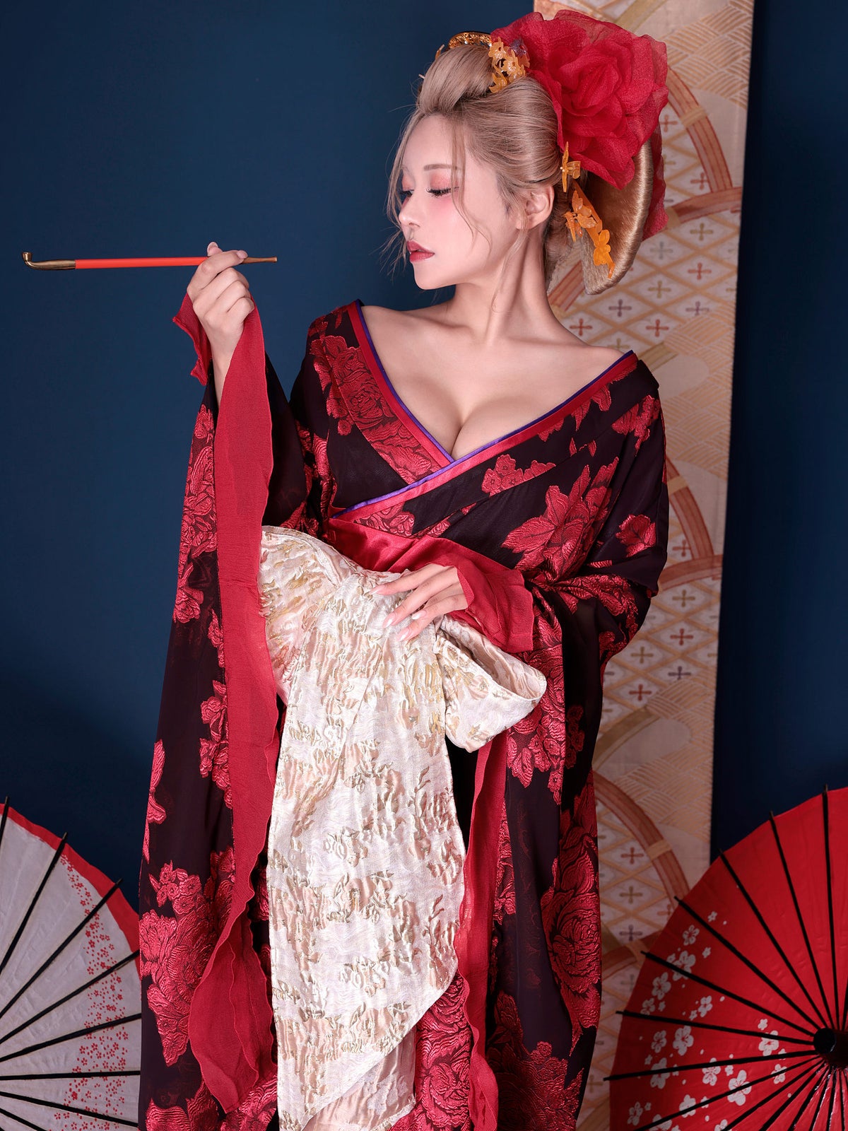 【2点セット】花魁 大奥 コスプレ 牡丹 黒×赤 和柄 本格和装 着物 花魁ドレス｜ vcsot-250756-2