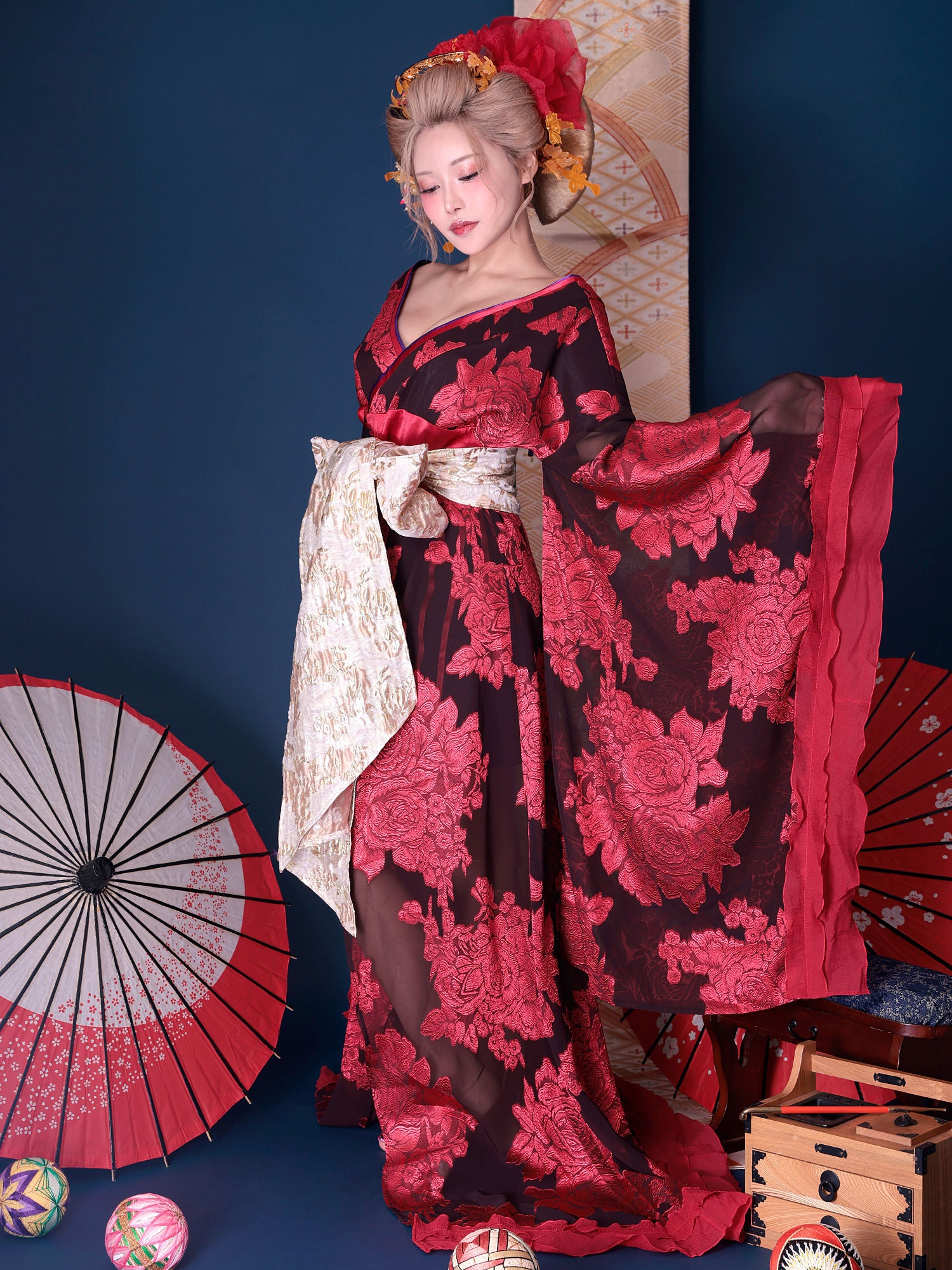 2点セット】花魁 大奥 コスプレ 牡丹 黒×赤 和柄 本格和装 着物 花魁