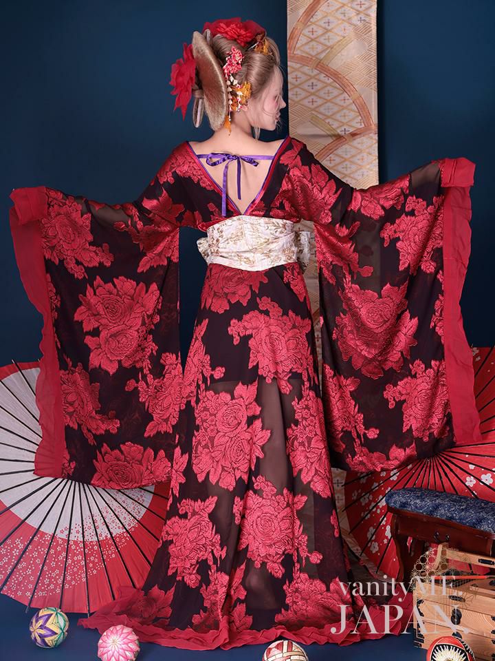 2点セット】花魁 大奥 コスプレ 牡丹 黒×赤 和柄 本格和装 着物 花魁