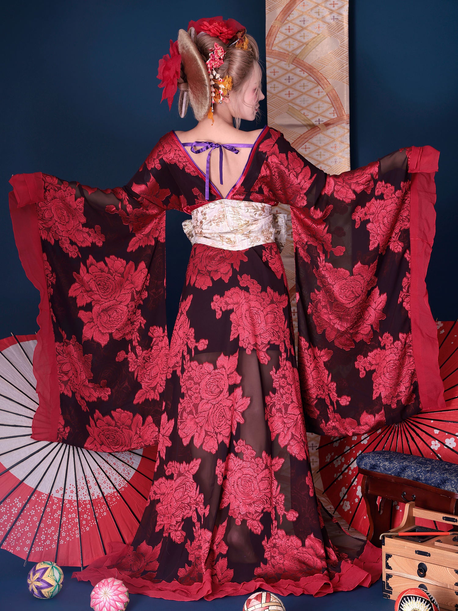 【2点セット】花魁 大奥 コスプレ 牡丹 黒×赤 和柄 本格和装 着物 花魁ドレス｜ vcsot-250756-2