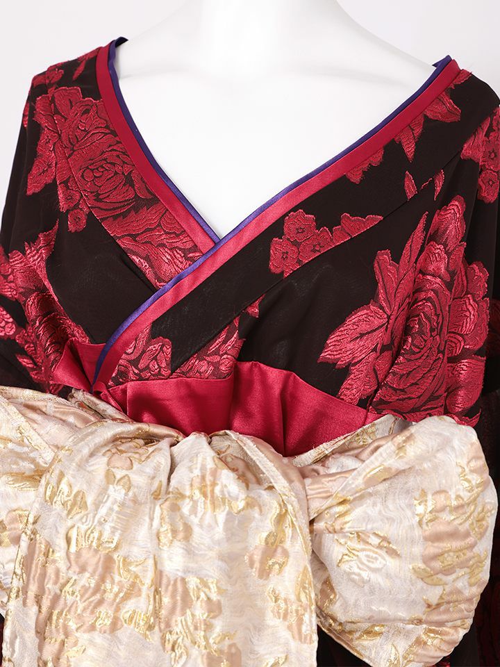 【2点セット】花魁 大奥 コスプレ 金箔牡丹 黒×金 和柄 本格和装 着物 花魁ドレス｜vcsot-250756-1