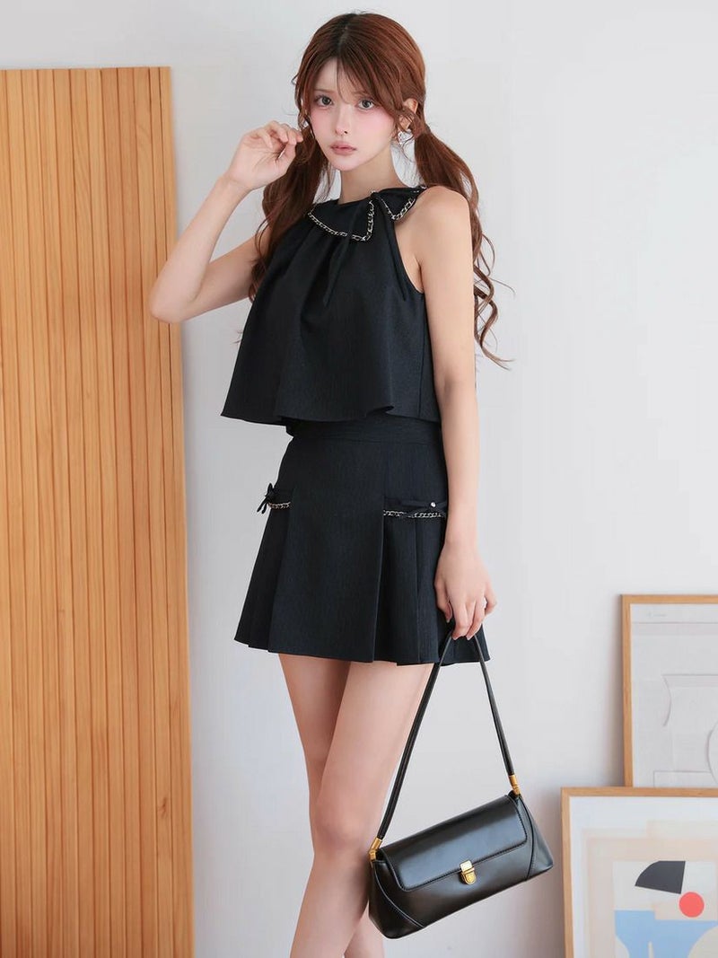 AngelR エンジェルアール ワンカラーアメスリチェーンリボンプリーツセットアップフレアミニドレス ar25864