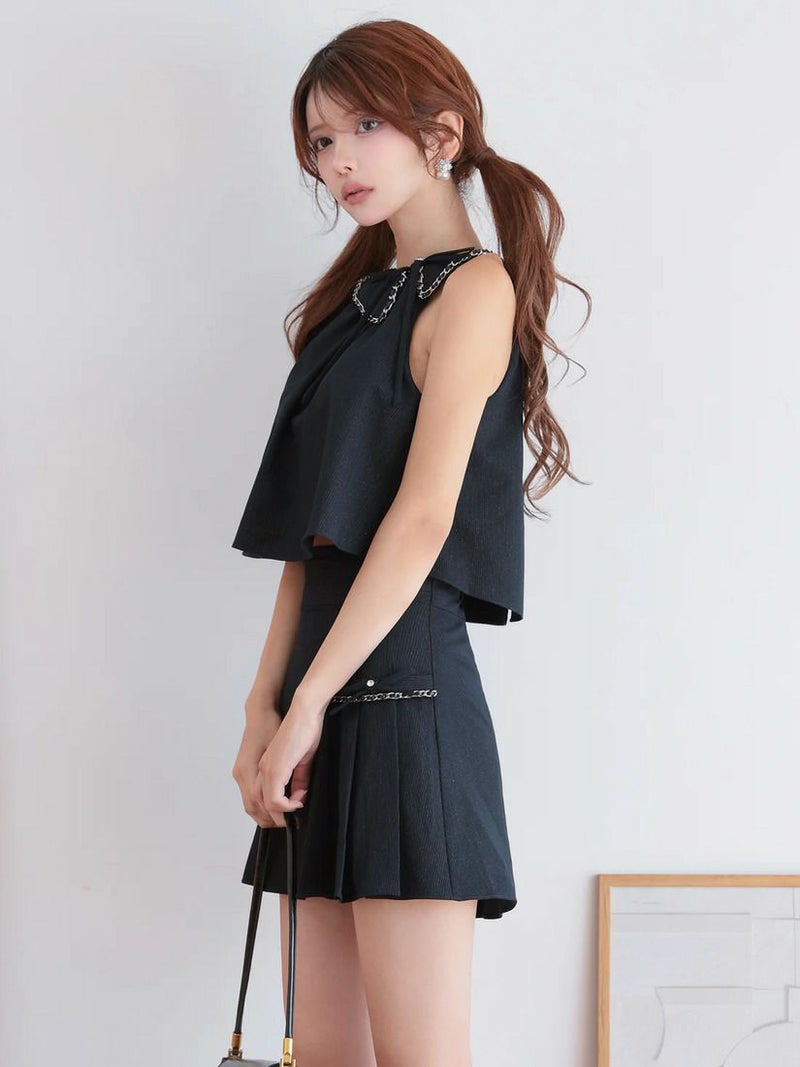 AngelR エンジェルアール ワンカラーアメスリチェーンリボンプリーツセットアップフレアミニドレス ar25864