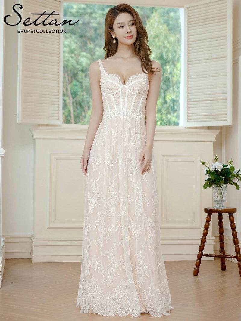 ERUKEI エルケイ ホワイト・総レース・コルセット・ビーズ・スパンコール刺繡・エレガント・ノースリーブ・Aライン・ロングドレス ek-s37088